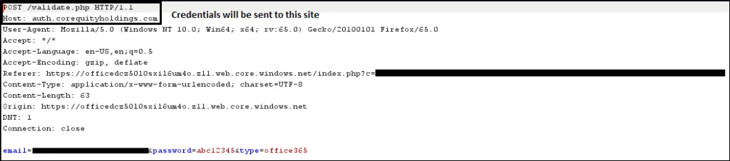 Credentials being sent to the fake server