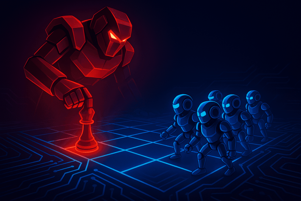 A futuristic chessboard where the pieces are robots. On one side, a single, large, menacing red robot (the attacker AI) faces off against a team of smaller, coordinated blue robots (the defender AI).