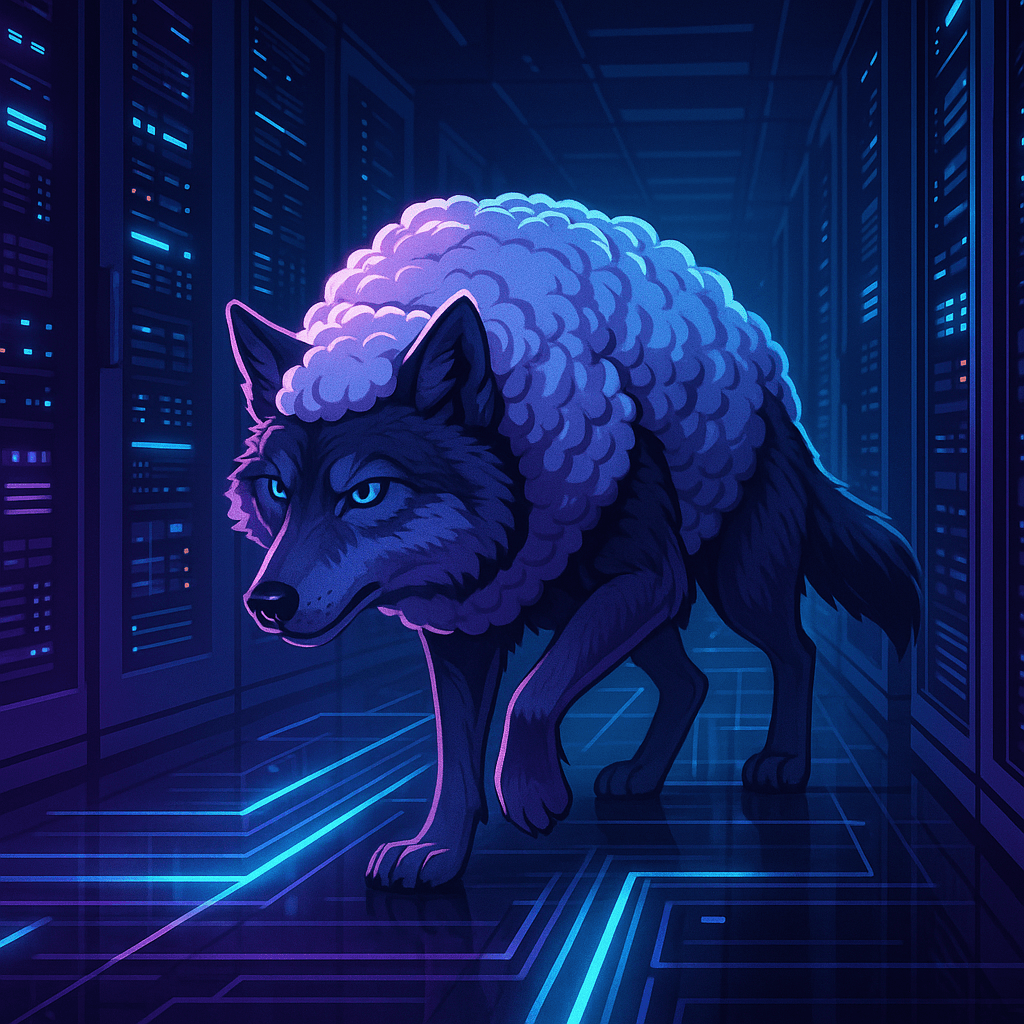 A digital illustration showing a wolf in sheep's clothing walking through a field of computer servers. The wolf represents a LotL attack, and the sheep represent legitimate system processes.