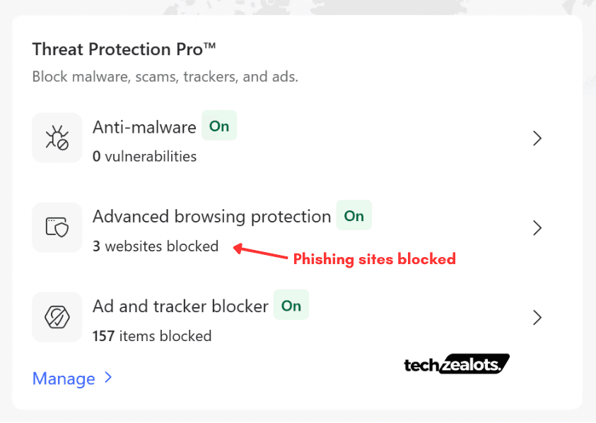 phishing sites blocked under Advanced browsing protection by NordVPN Threat protection pro