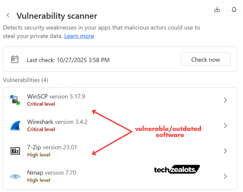 list of vulnerabilities or outdated software detected by NordVPN Threat Protection Pro