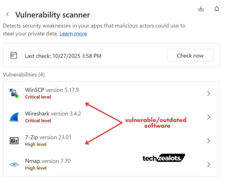 list of vulnerabilities or outdated software detected by NordVPN Threat Protection Pro